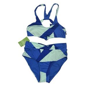 NWT La Vie En Rose Aqua Two Piece Swimwuit Bikini Geometric Blue Sz. S
